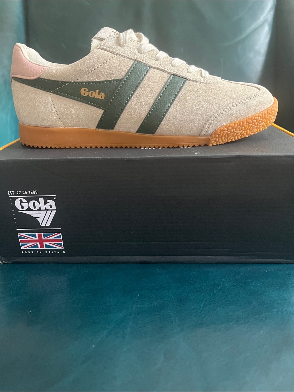 Gola Women’s Cream Suede Sneakers with Green Stripes and Gum Sole